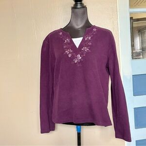 Vintage boho purple floral embroidered knit sweater with built in shirt